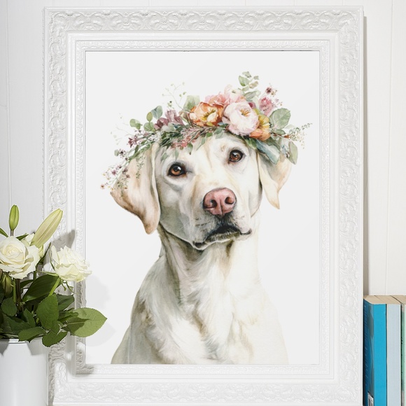 Watercolor Labrador Retriever with Flower Crown Portrait Wall Art Print Unframed - Picture 7 of 7